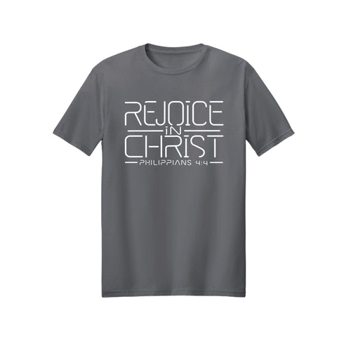 Modern Line Rejoice in Christ shirt — 2027 LDS youth theme design, Philippians 4:4 in Charcoal
