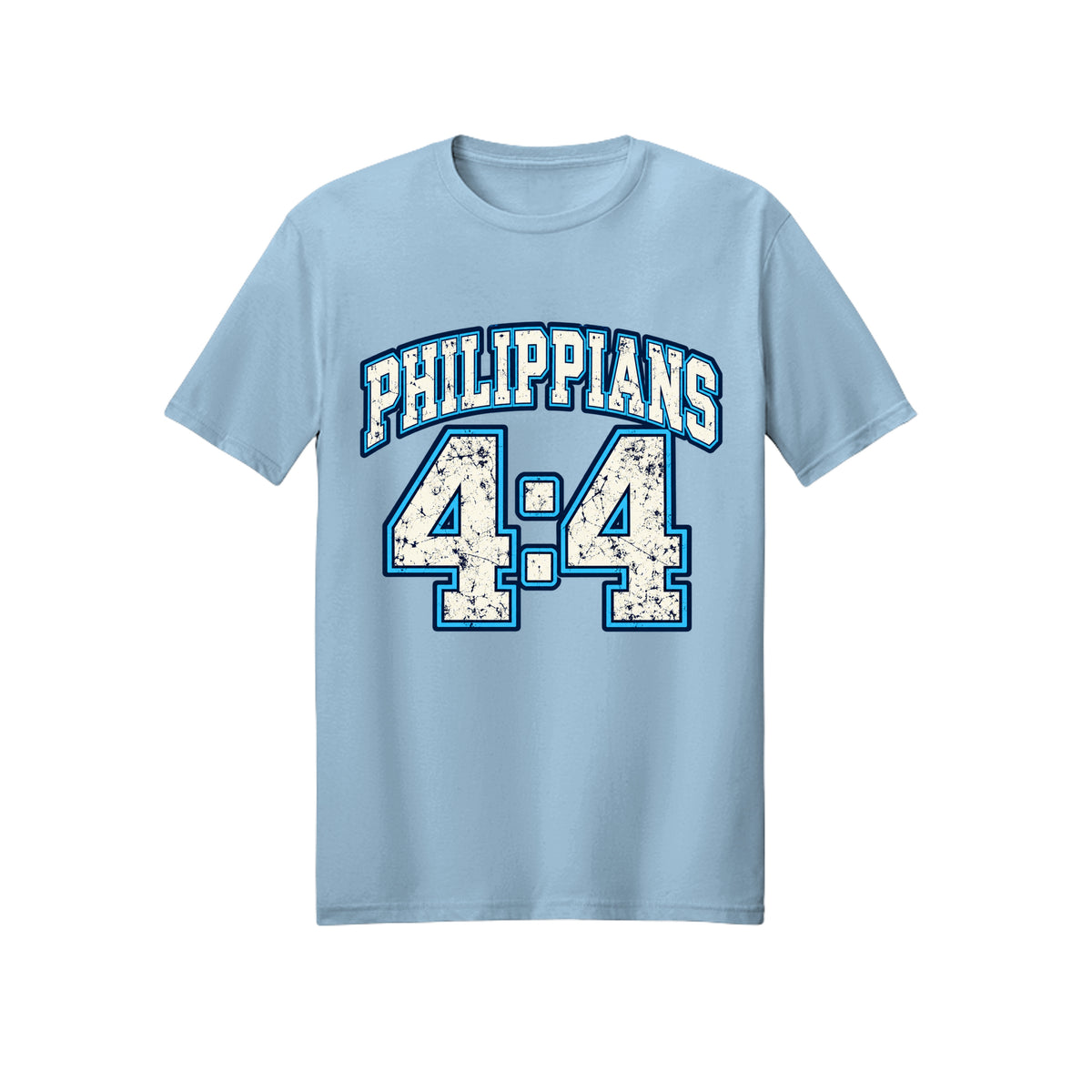 Philippians 4:4 Collegiate Rejoice in Christ shirt in Light Blue