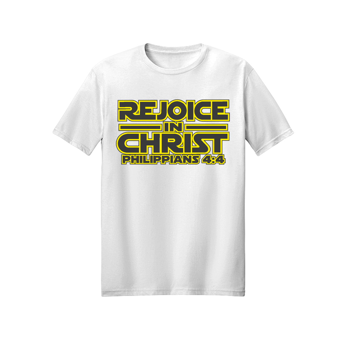 Yellow Geometric Rejoice in Christ shirt in White