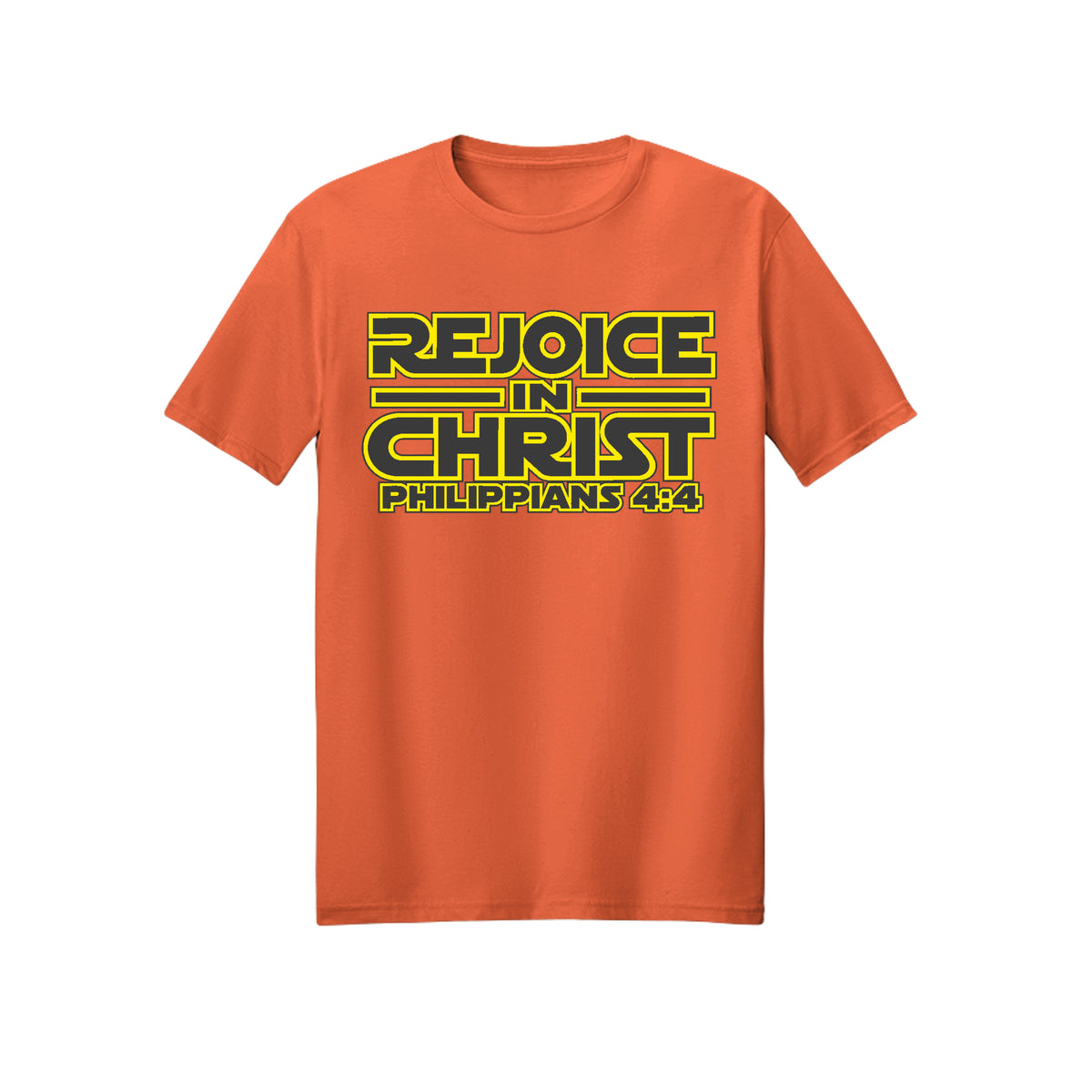 Yellow Geometric Rejoice in Christ shirt in Orange