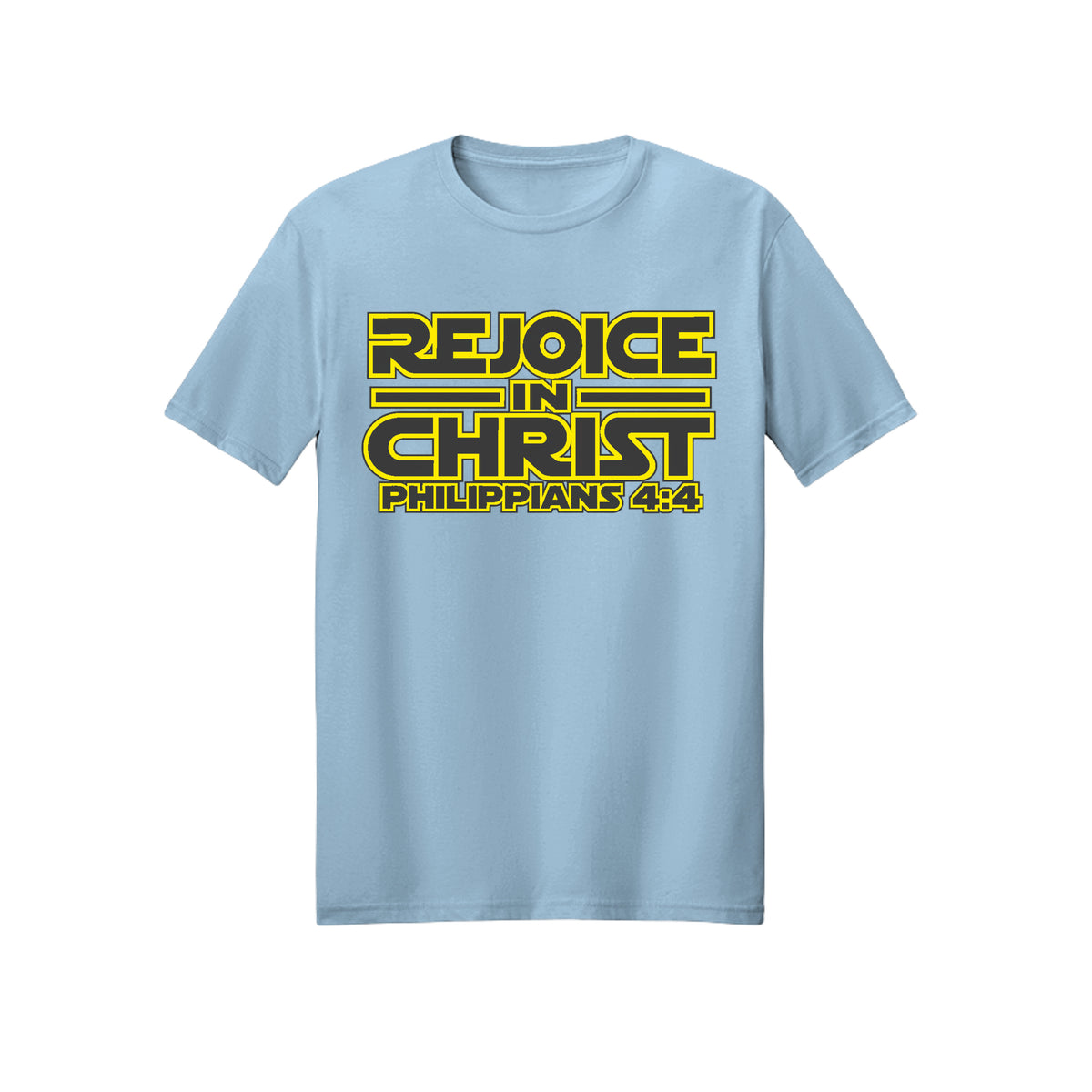 Yellow Geometric Rejoice in Christ shirt — 2027 LDS youth theme design, Philippians 4:4 in Light Blue