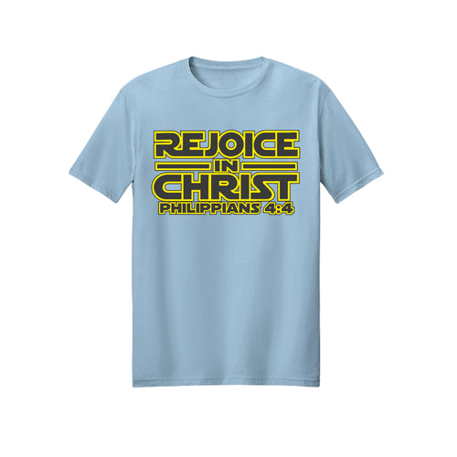 Yellow Geometric Rejoice in Christ shirt — 2027 LDS youth theme design, Philippians 4:4 in Light Blue
