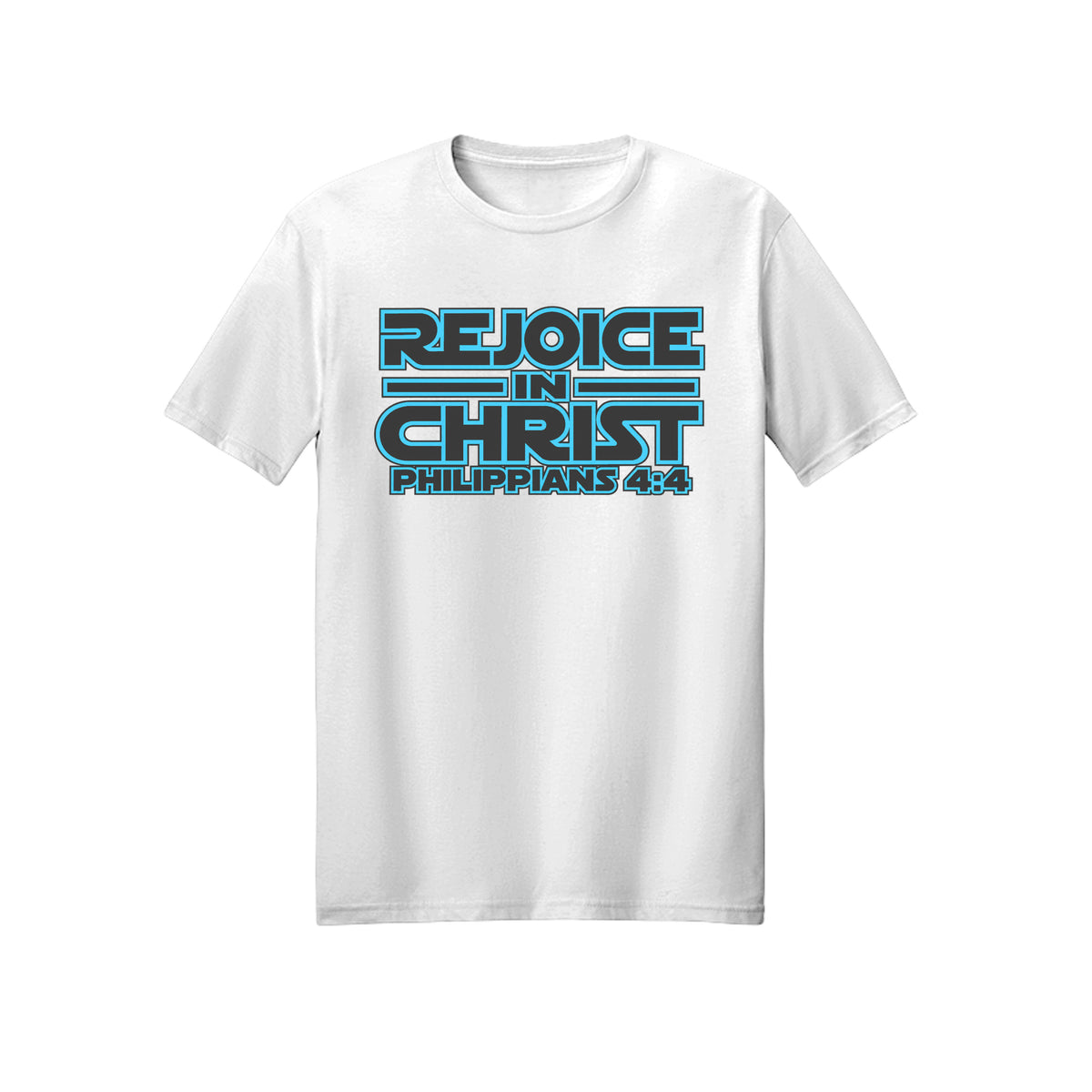 Blue Geometric Rejoice in Christ shirt in White