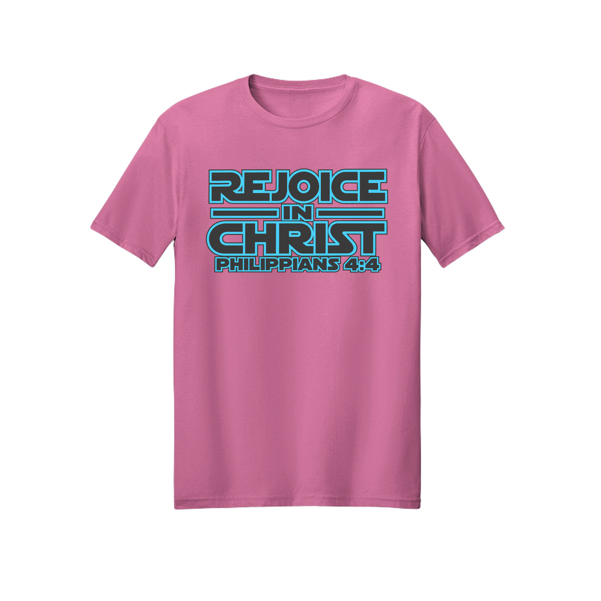 Blue Geometric Rejoice in Christ shirt — 2027 LDS youth theme design, Philippians 4:4 in Azalea