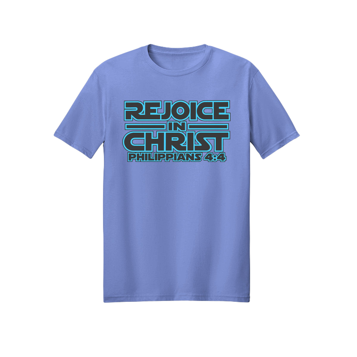 Blue Geometric Rejoice in Christ shirt design detail, Philippians 4:4 scripture tee in Violet