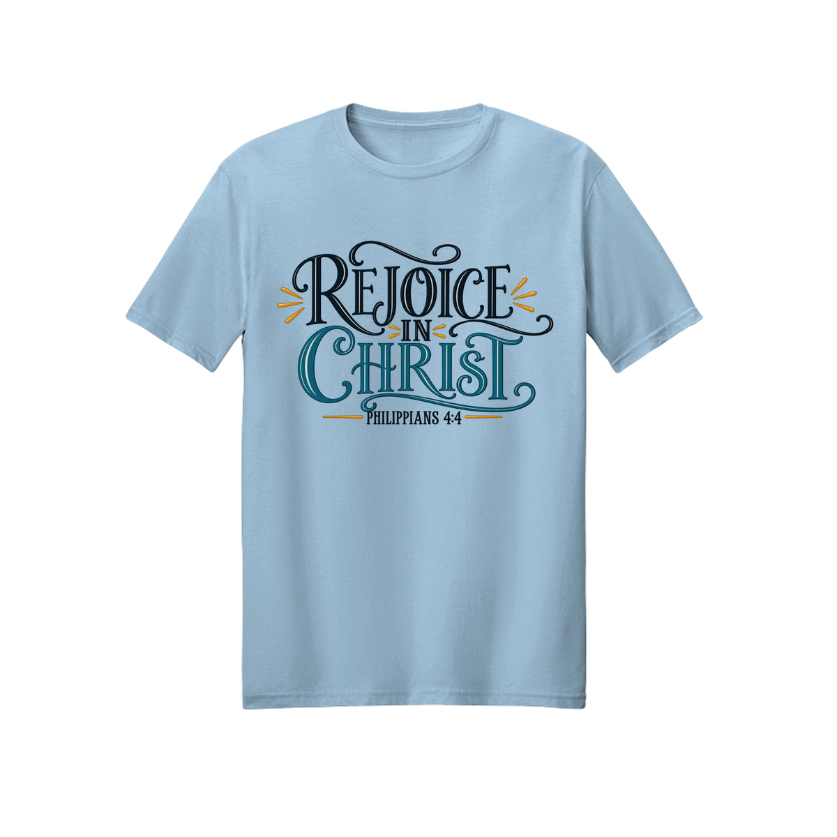 Ornate Rejoice in Christ shirt in Light Blue