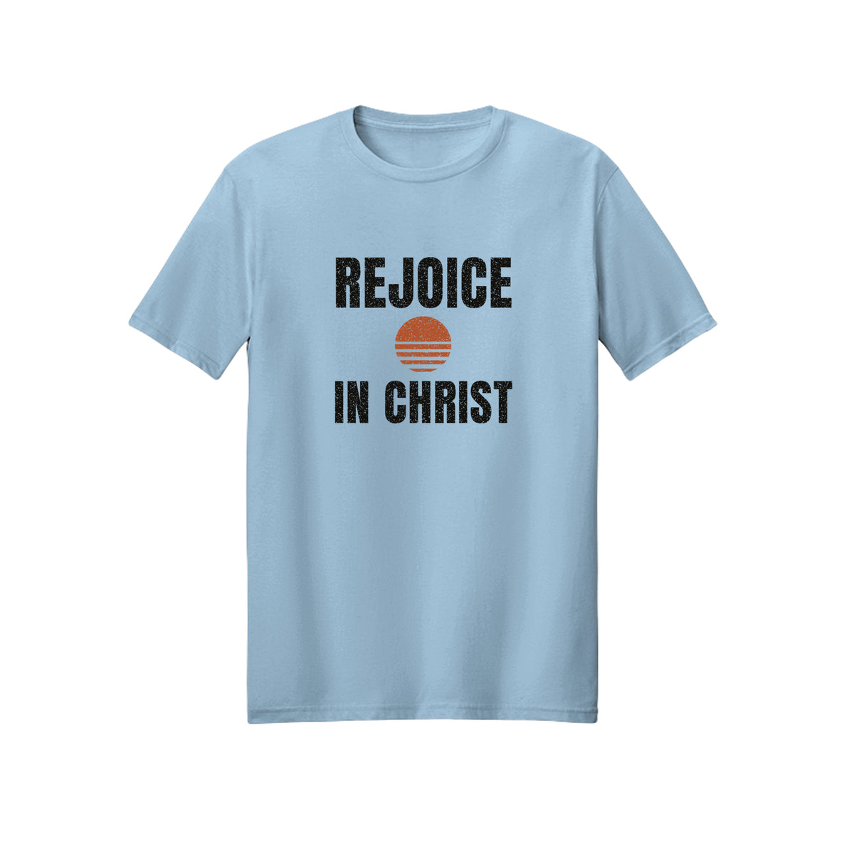 Retro Sun Badge Rejoice in Christ shirt in Light Blue