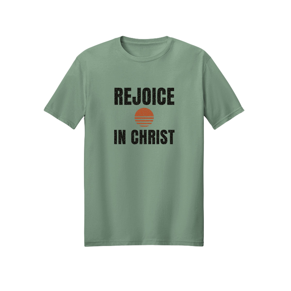 Retro Sun Badge Rejoice in Christ shirt in Sage