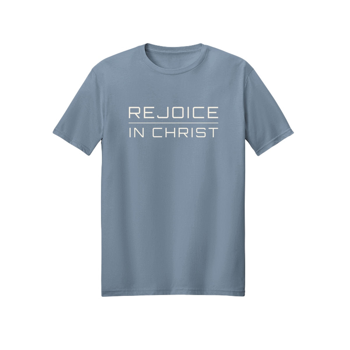 Minimal White Script Rejoice in Christ shirt in Stone Blue