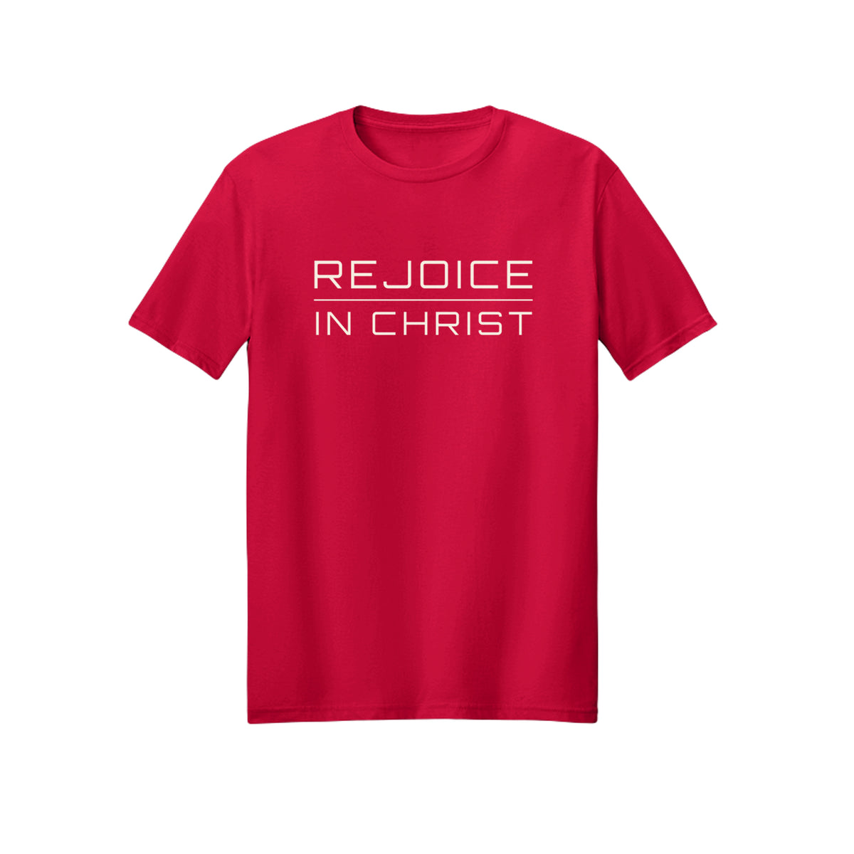 Minimal White Script Rejoice in Christ shirt in Red