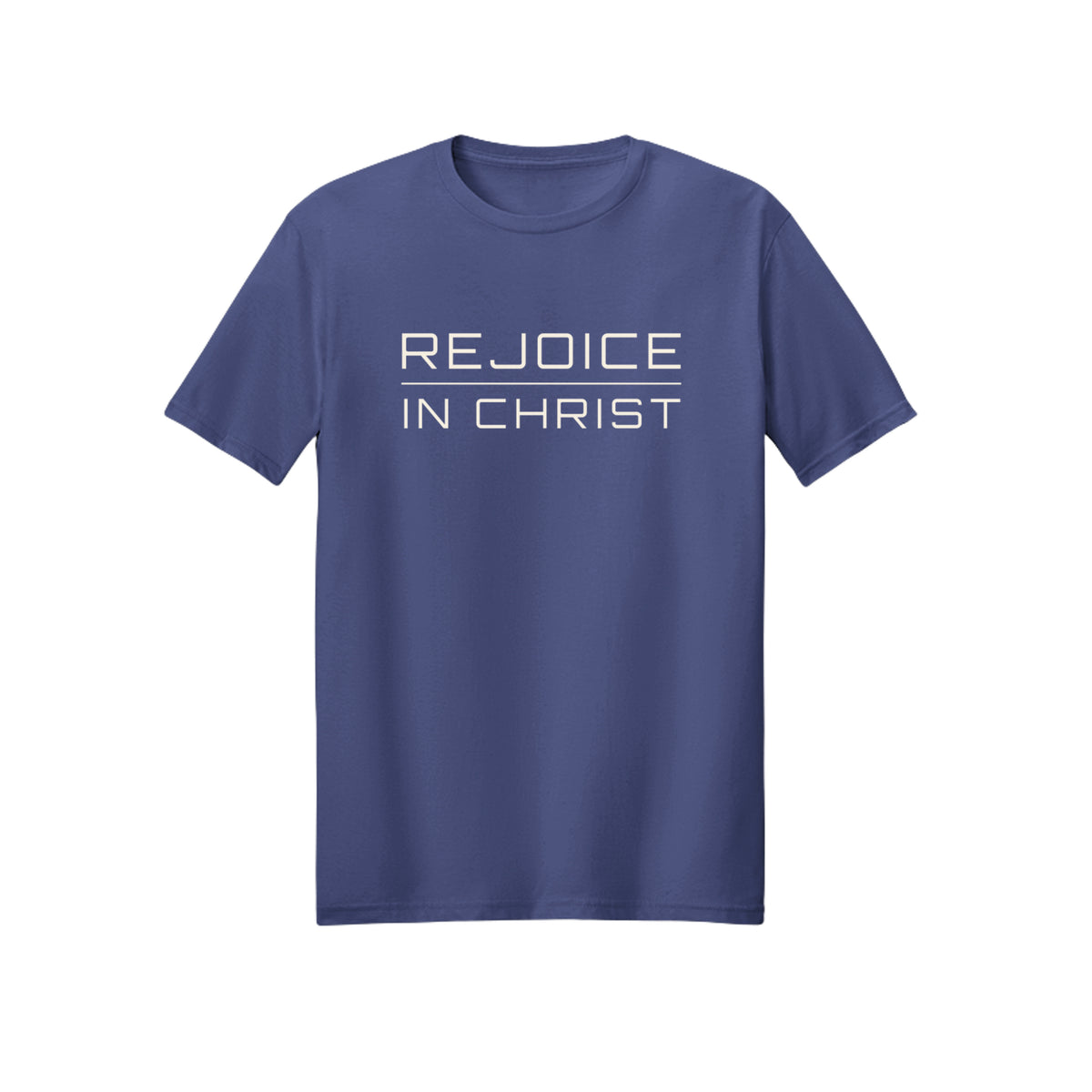 Minimal White Script Rejoice in Christ shirt in Purple