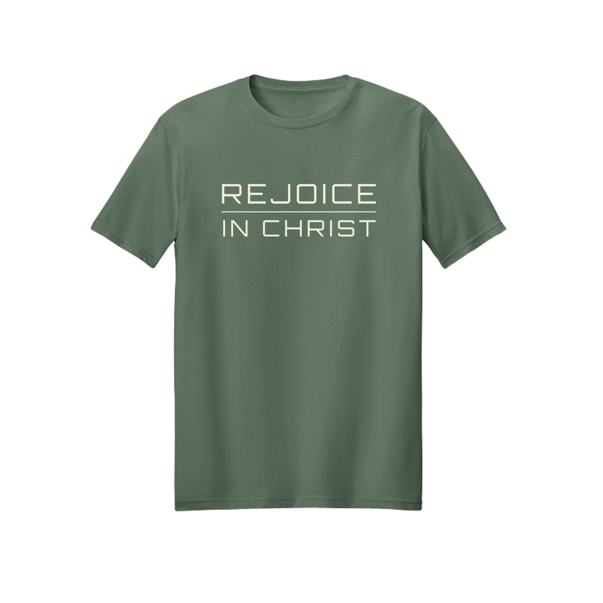 Minimal White Script Rejoice in Christ shirt in Military Green
