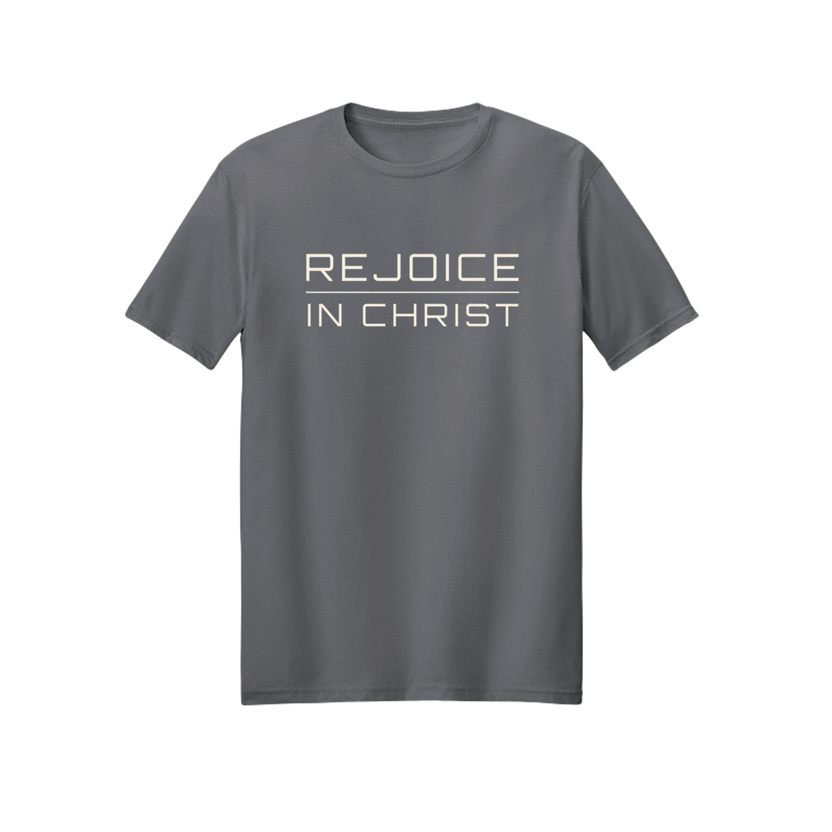 Minimal White Script Rejoice in Christ shirt in Charcoal