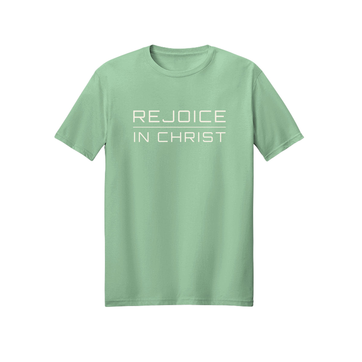 Minimal White Script Rejoice in Christ shirt in Mint Green