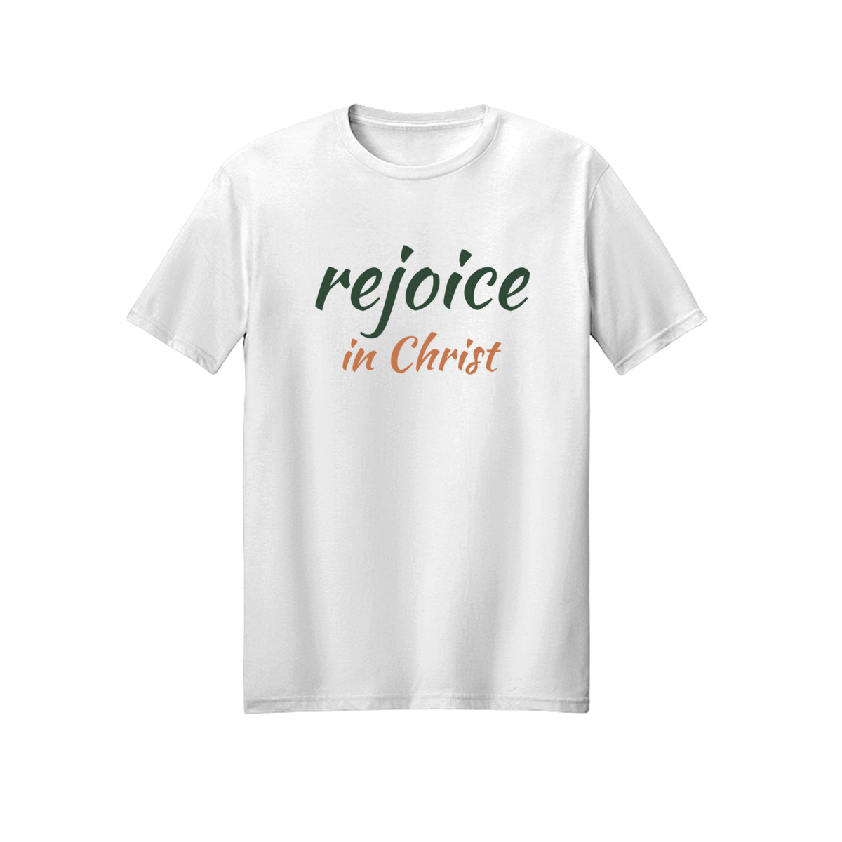 Green and Orange Rejoice in Christ shirt in White
