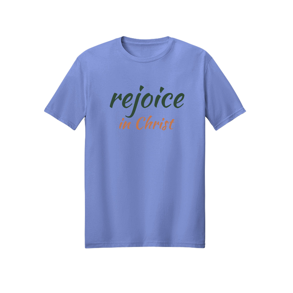 Green and Orange Rejoice in Christ shirt in Violet