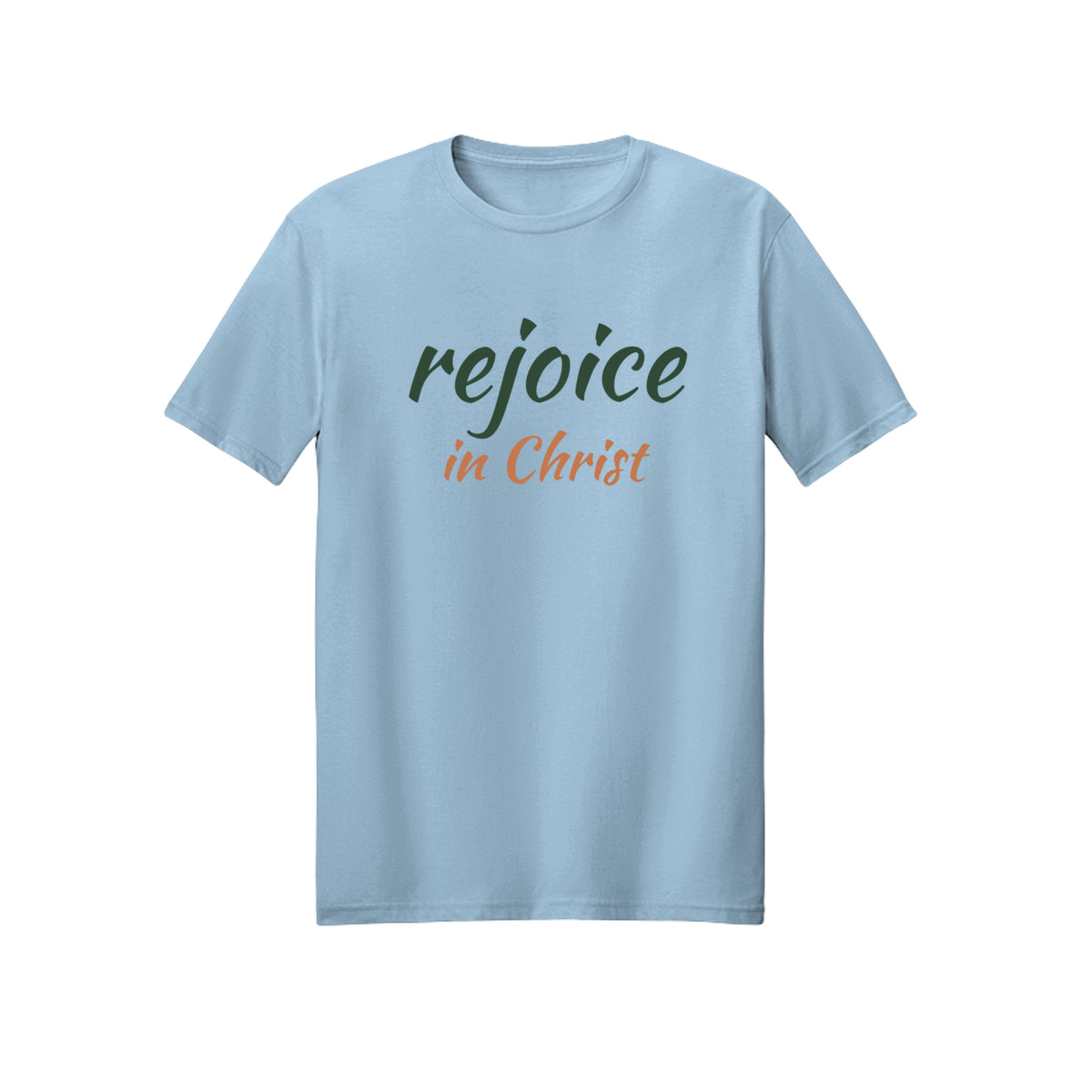 Green and Orange Rejoice in Christ shirt — 2027 LDS youth theme design, Philippians 4:4 in Light Blue