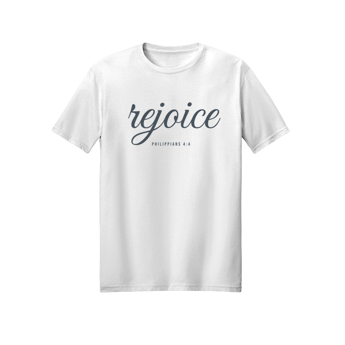 Blue Handwritten Rejoice in Christ shirt in White