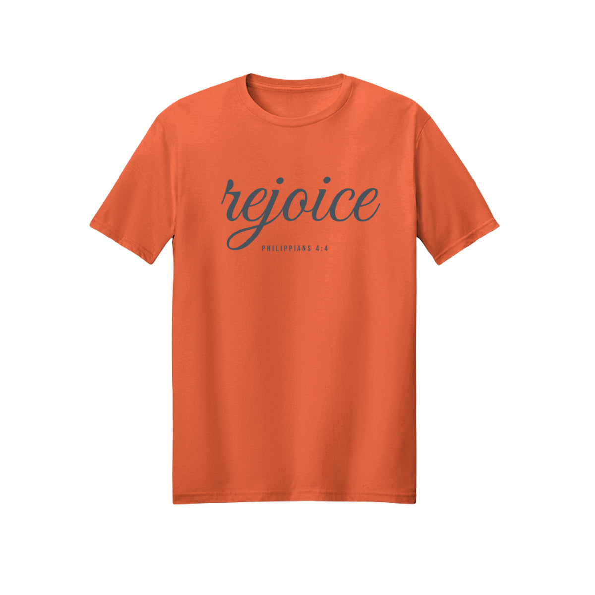 Blue Handwritten Rejoice in Christ shirt in Orange