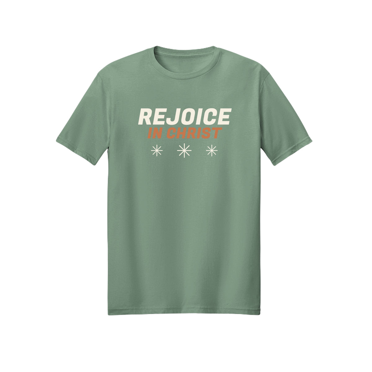 Distressed White Rejoice in Christ shirt in Sage
