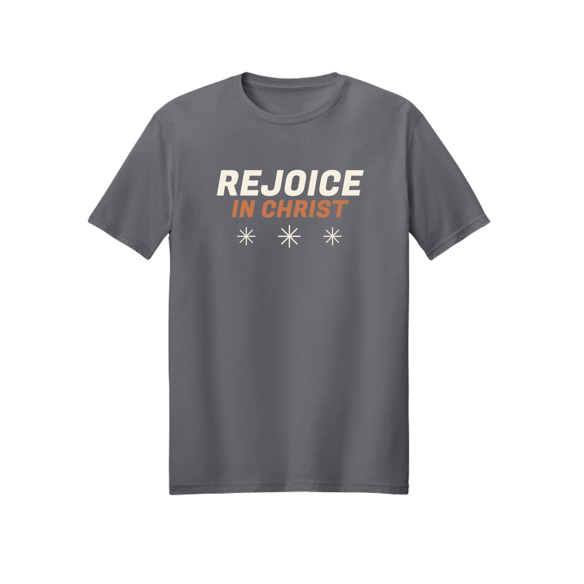 Distressed White Rejoice in Christ shirt in Charcoal