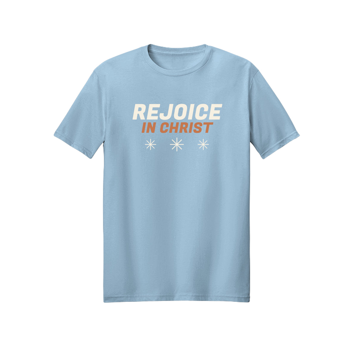 Distressed White Rejoice in Christ shirt in Light Blue