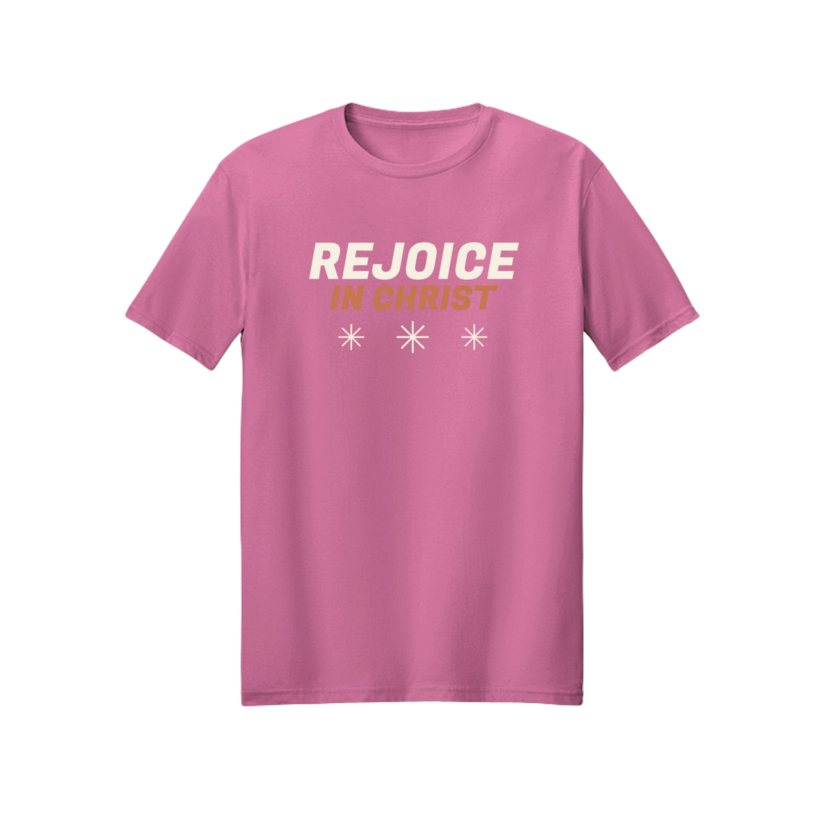 Distressed White Rejoice in Christ shirt in Azalea