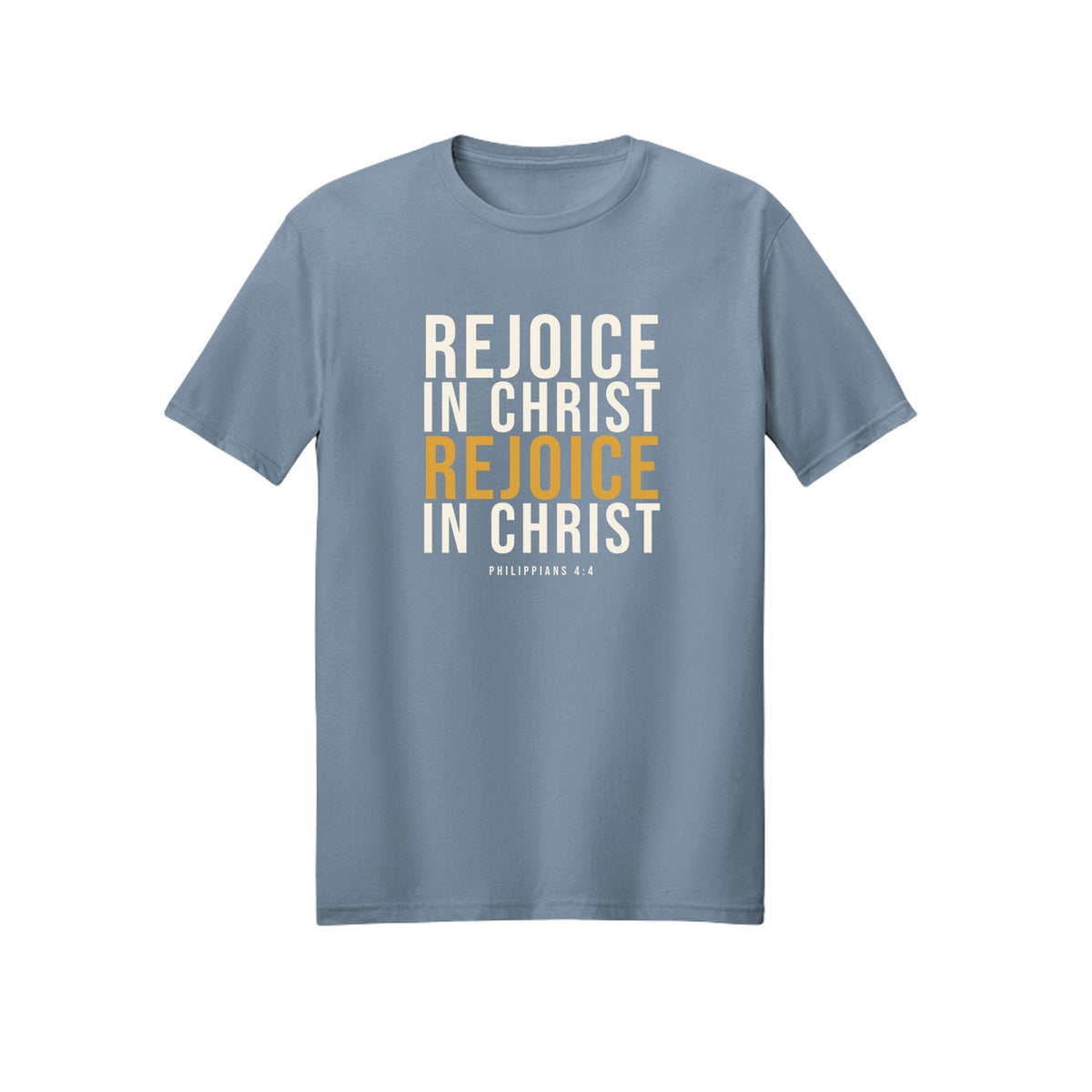 Stacked Rejoice in Christ shirt in Stone Blue