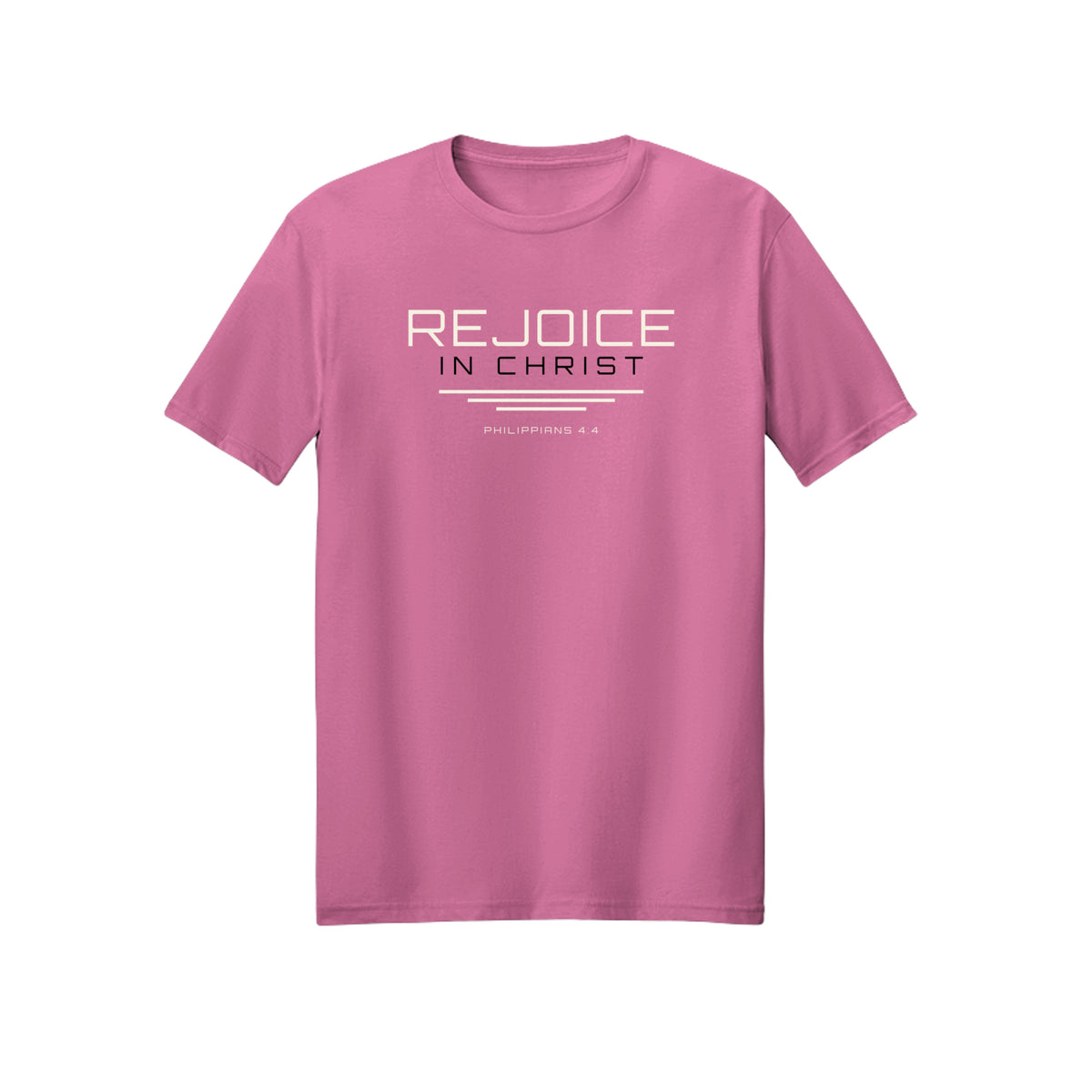 Minimal White Line Rejoice in Christ shirt in Azalea