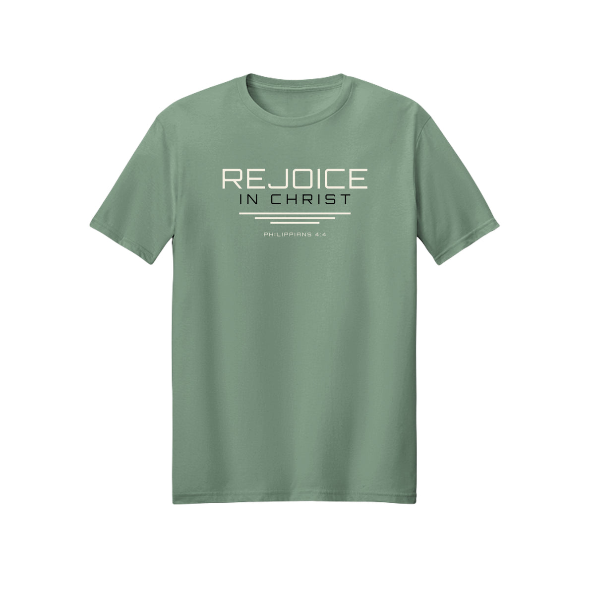 Minimal White Line Rejoice in Christ shirt in Sage