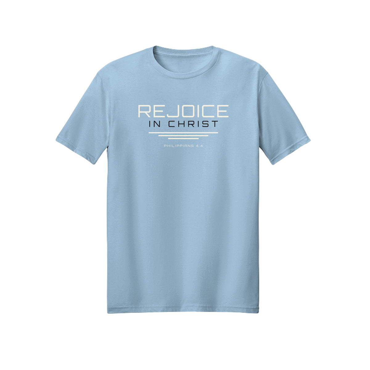 Minimal White Line Rejoice in Christ shirt in Light Blue