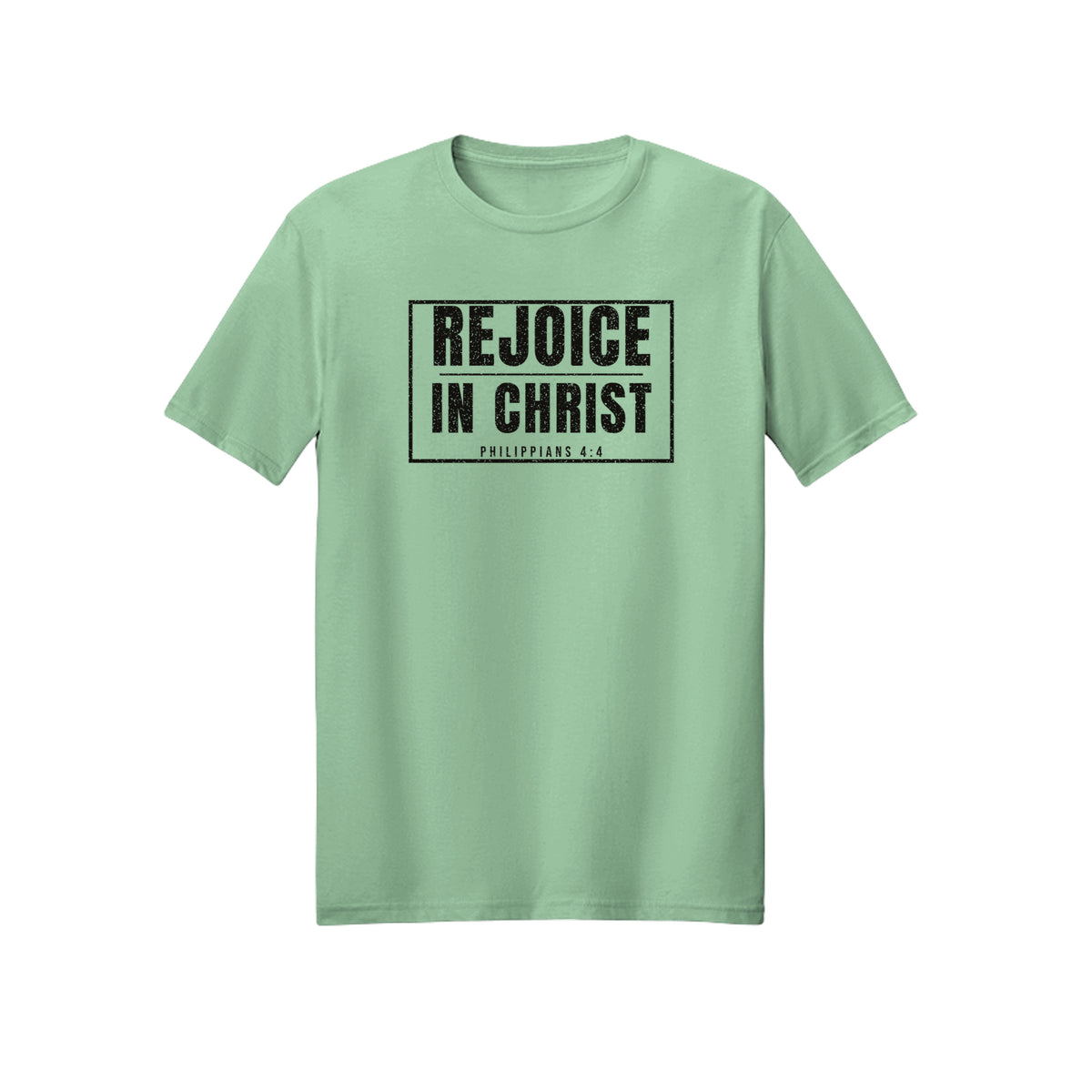 Boxed Rejoice in Christ shirt — 2027 LDS youth theme design, Philippians 4:4 in Mint Green