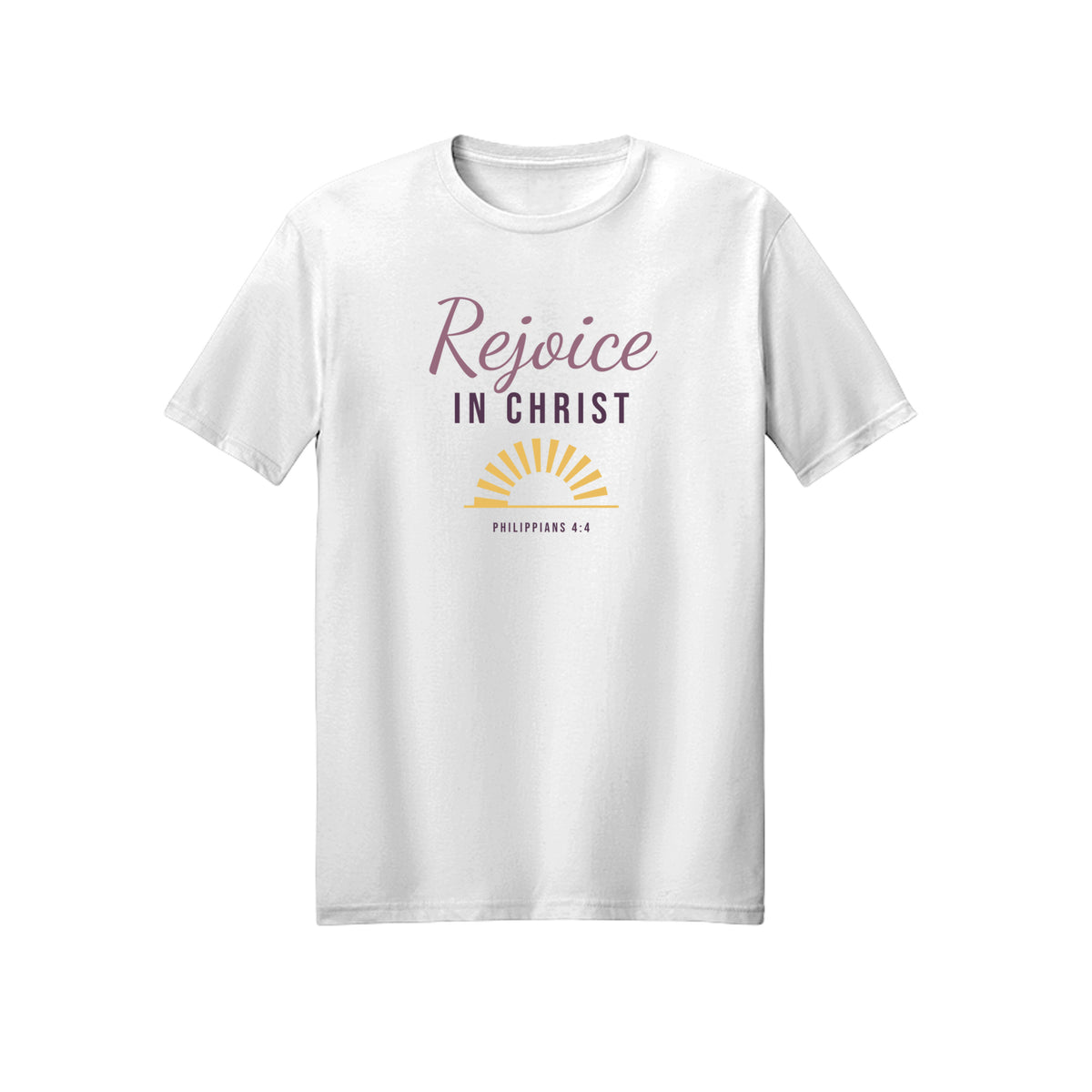 Sunrise Script Rejoice in Christ shirt in White