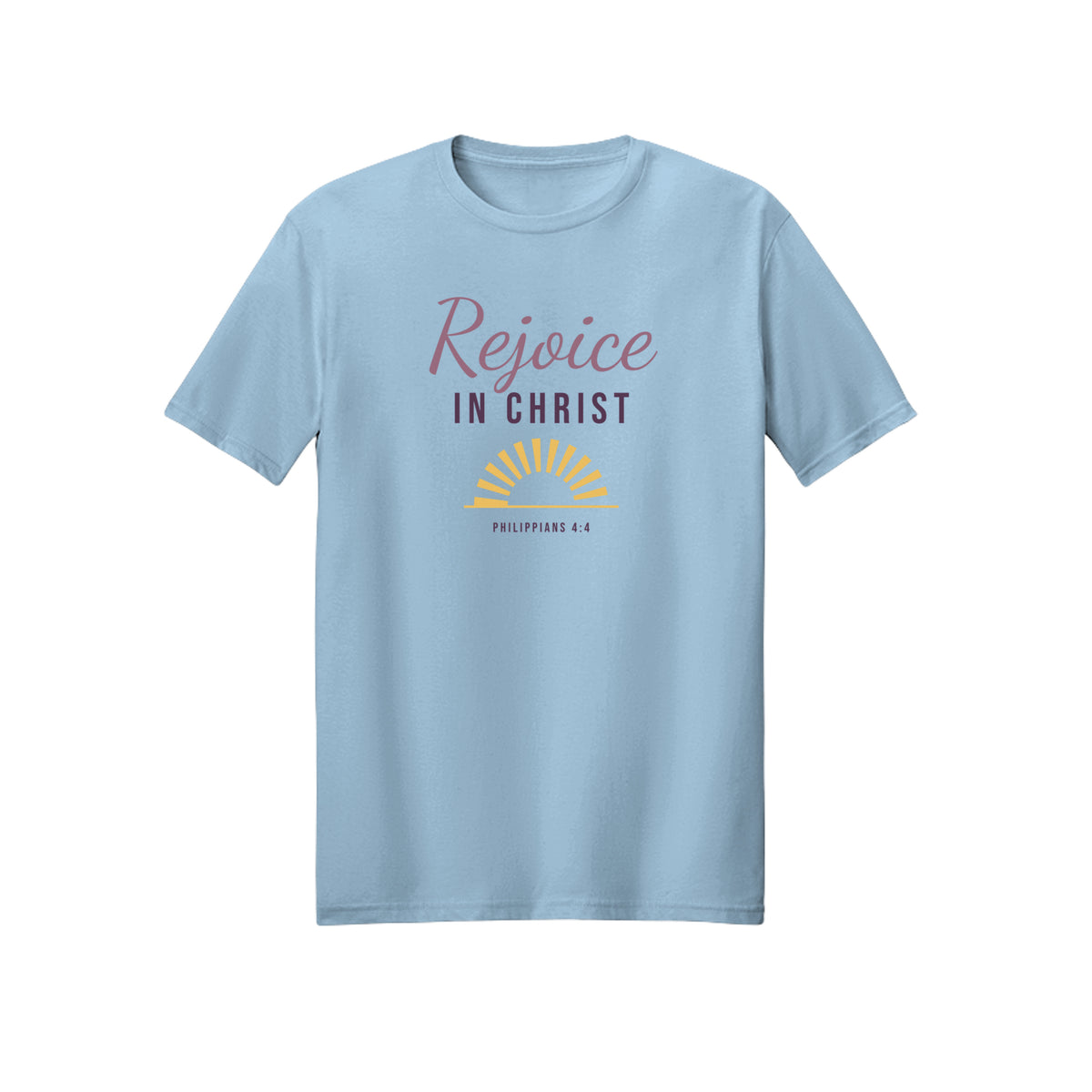 Sunrise Script Rejoice in Christ shirt in Light Blue