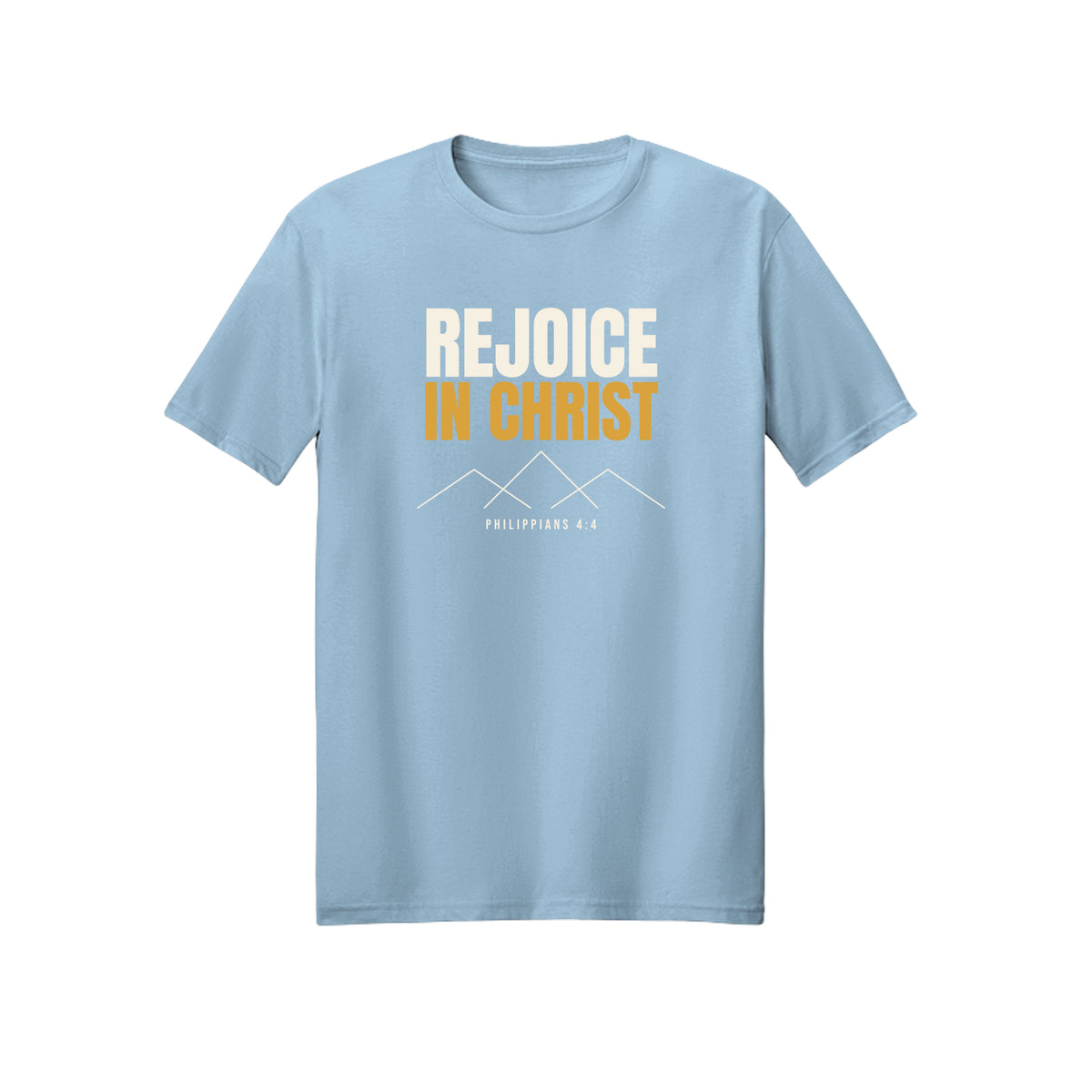 Bold Gold Rejoice in Christ shirt in Light Blue