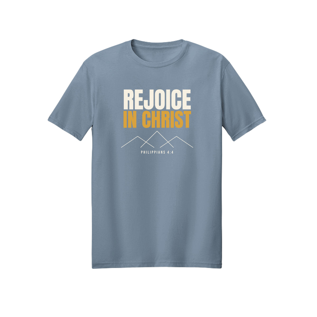 Bold Gold Rejoice in Christ shirt design detail, Philippians 4:4 scripture tee in Stone Blue
