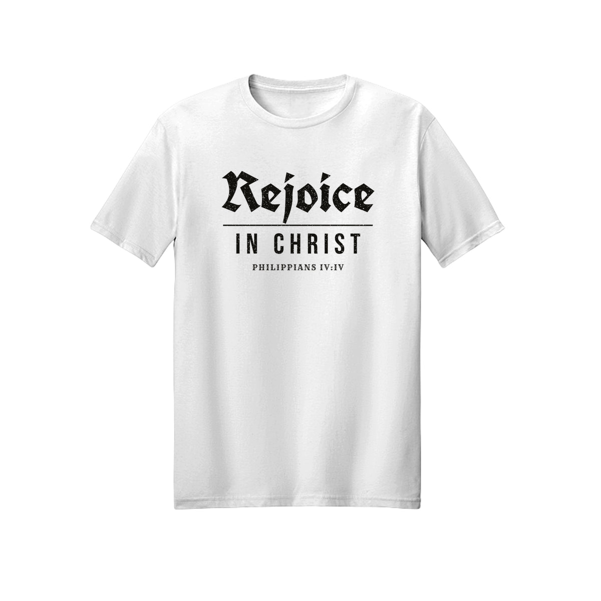 Blackletter Rejoice in Christ shirt in White
