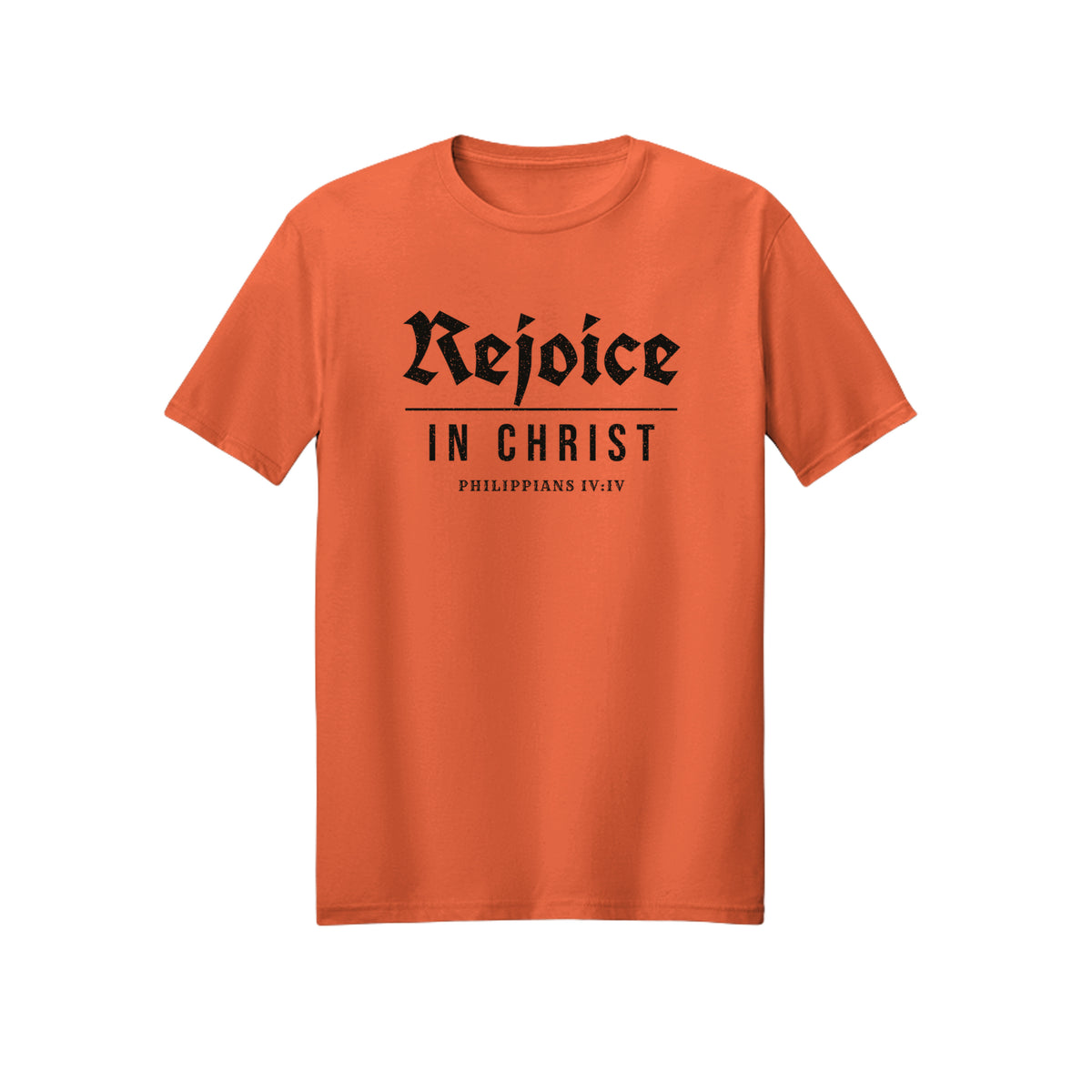 Blackletter Rejoice in Christ shirt in Orange