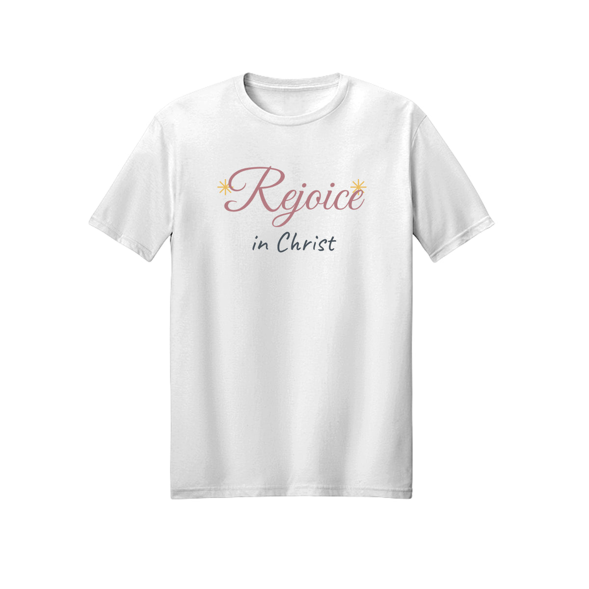 Sunlit Script Rejoice in Christ shirt — 2027 LDS youth theme design, Philippians 4:4 in White