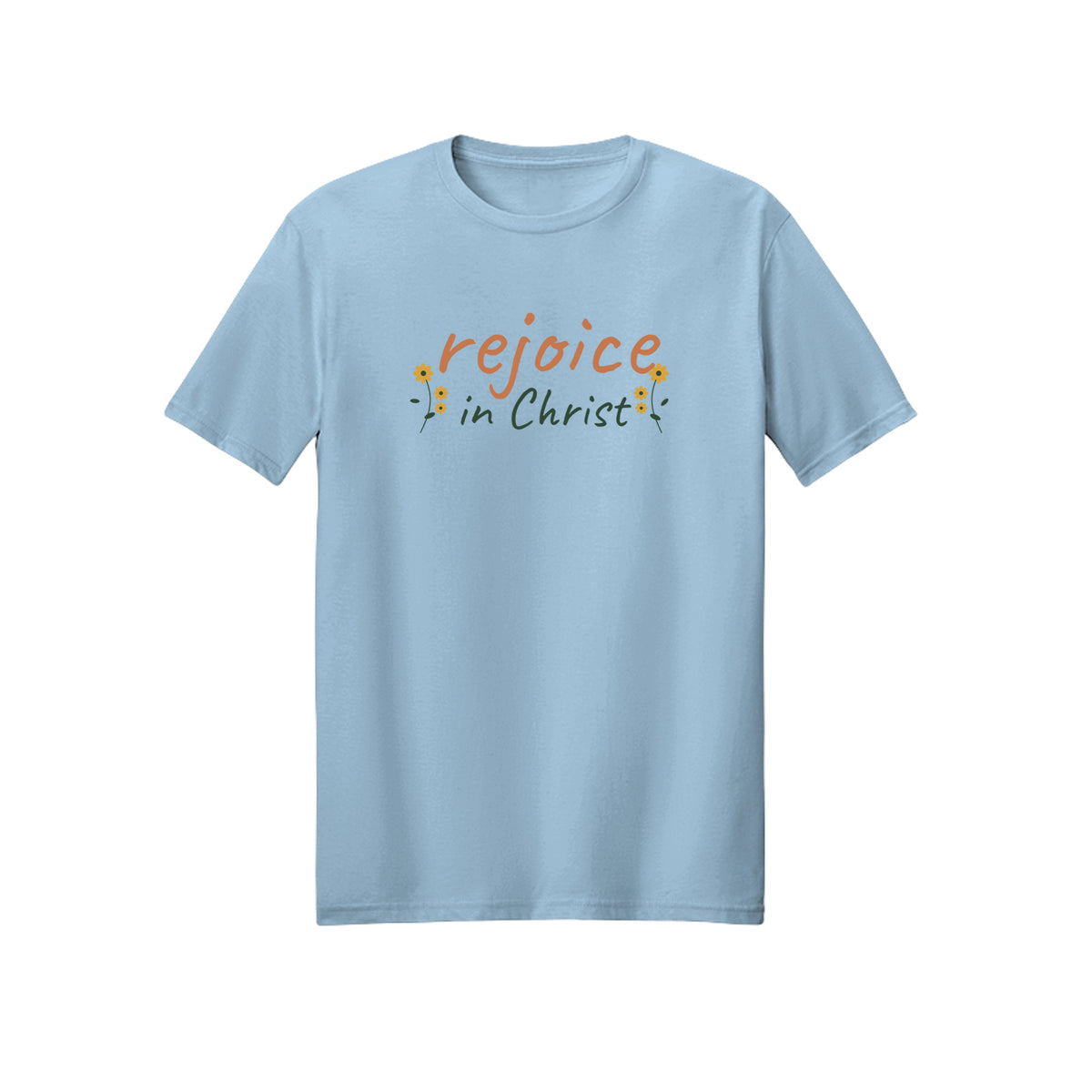 Handwritten Rejoice in Christ shirt in Light Blue