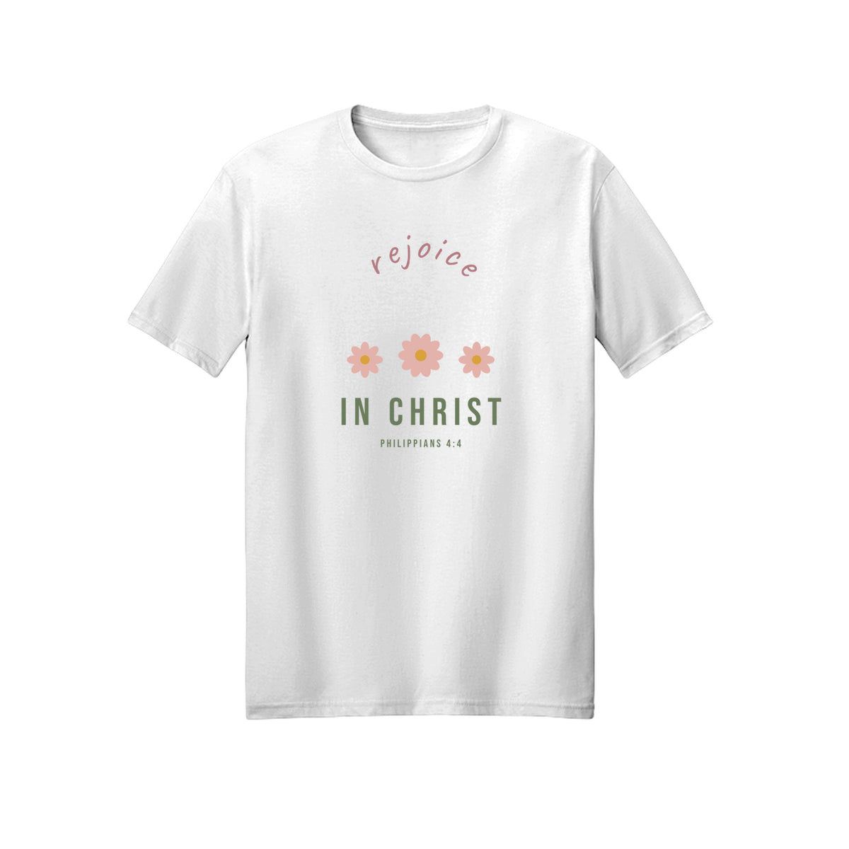 Tiny Floral Rejoice in Christ shirt — 2027 LDS youth theme design, Philippians 4:4 in White