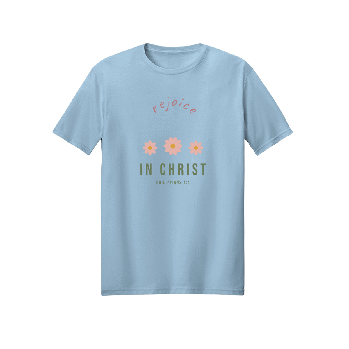 Tiny Floral Rejoice in Christ shirt in Light Blue