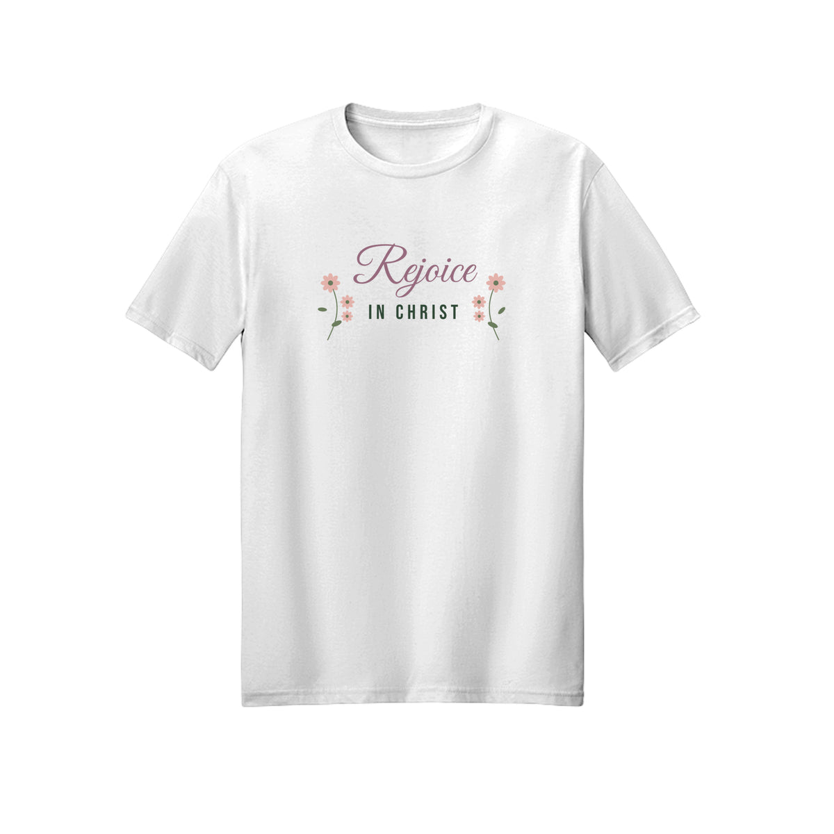 Floral Script Rejoice in Christ shirt in White