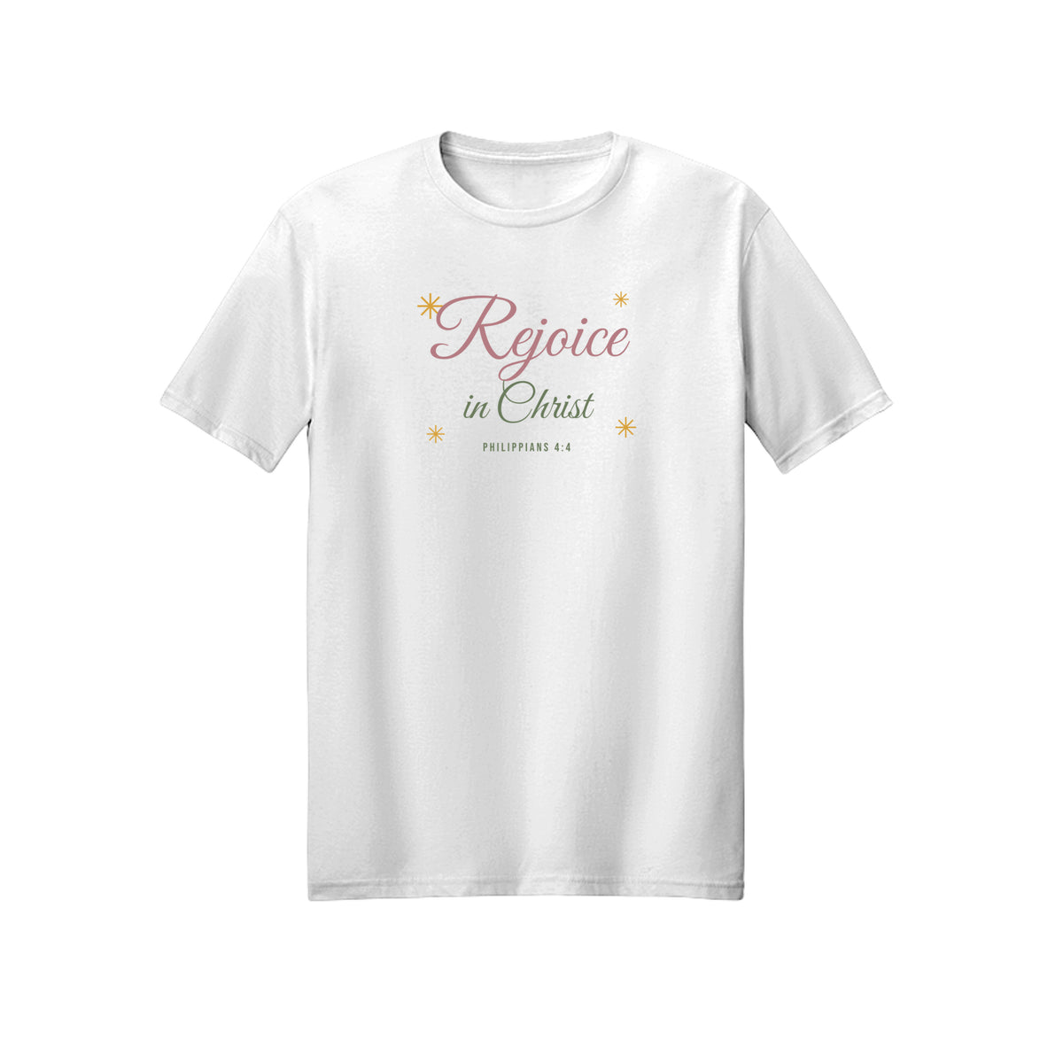 Feminine Script Rejoice in Christ shirt — 2027 LDS youth theme design, Philippians 4:4 in White