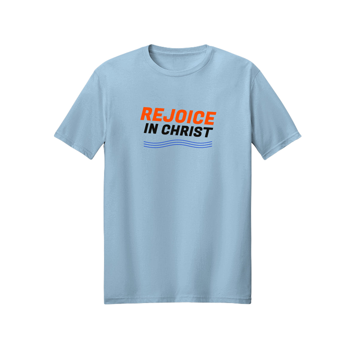 Starburst Rejoice in Christ shirt — 2027 LDS youth theme design, Philippians 4:4 in Light Blue