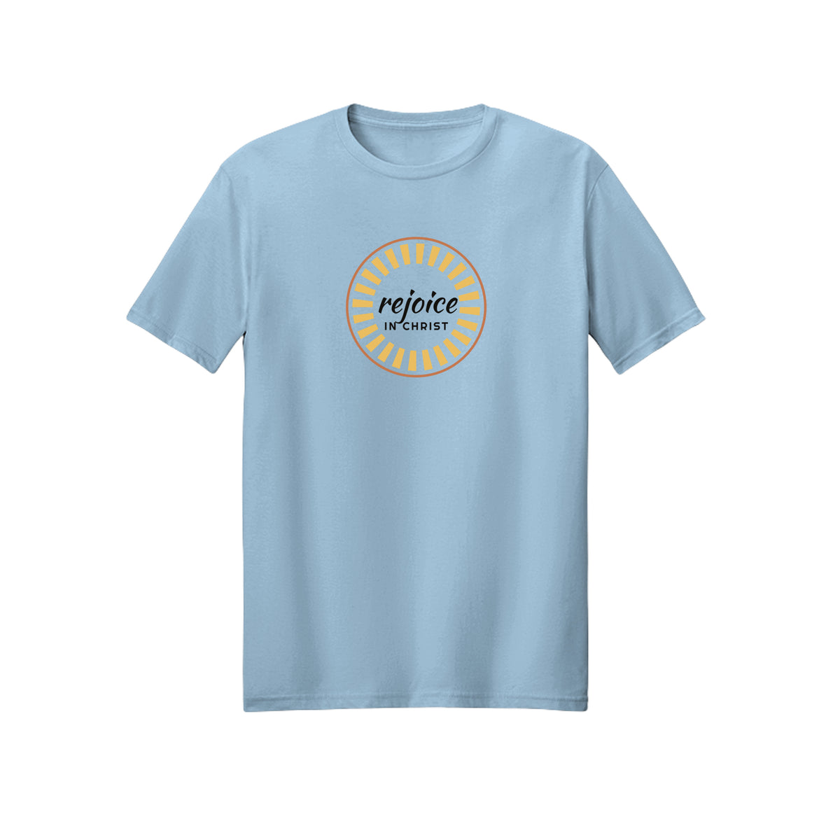 Sunburst Rejoice in Christ shirt — 2027 LDS youth theme design, Philippians 4:4 in Light Blue