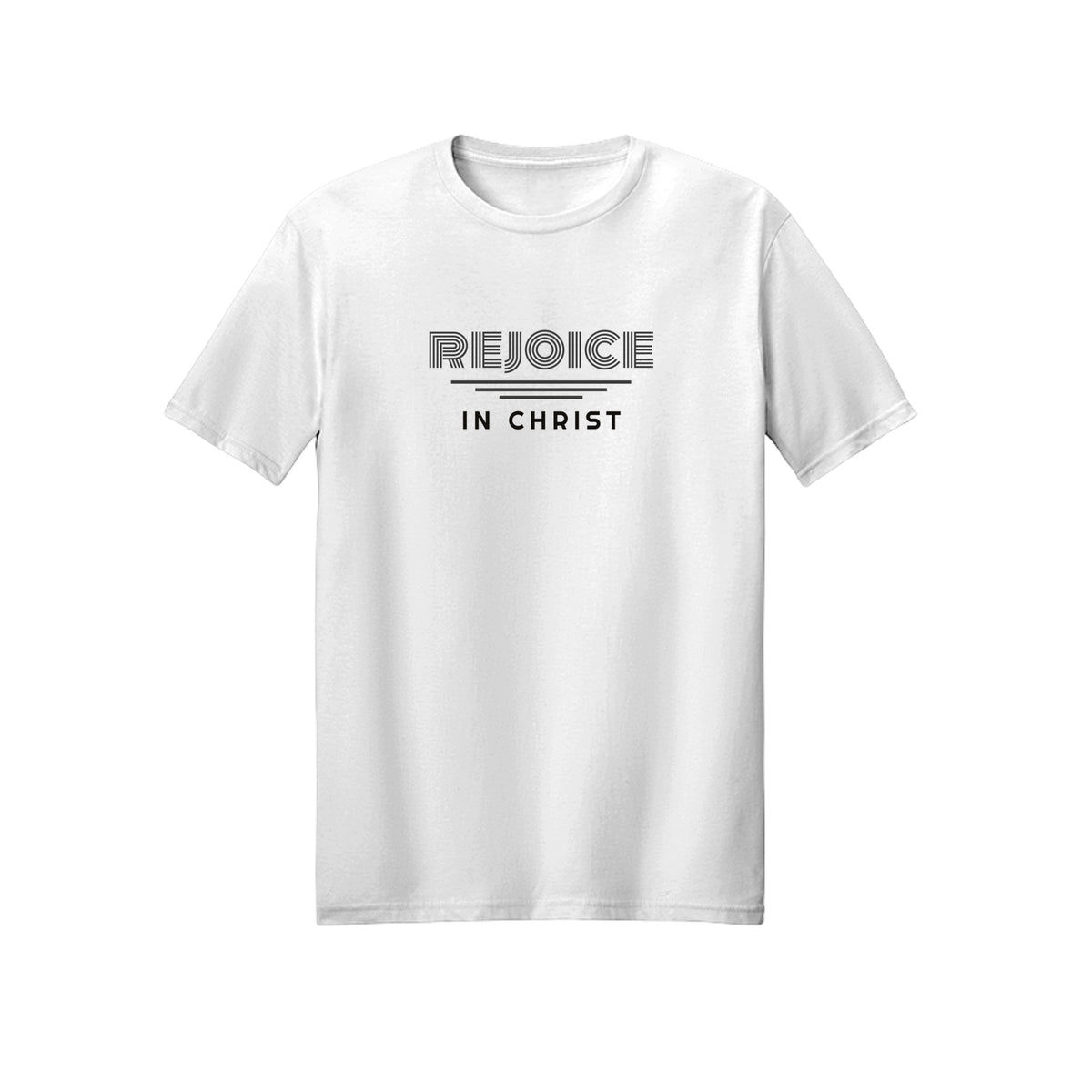 Small Retro Rejoice in Christ shirt — 2027 LDS youth theme design, Philippians 4:4 in White