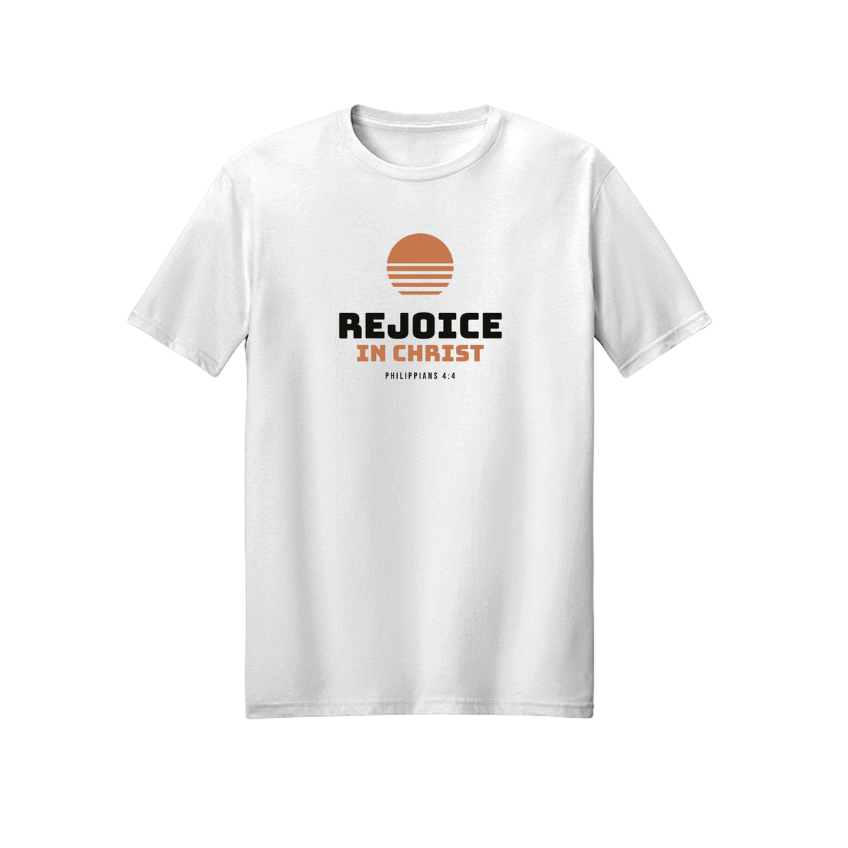 Retro Sun Rejoice in Christ shirt — 2027 LDS youth theme design, Philippians 4:4 in White