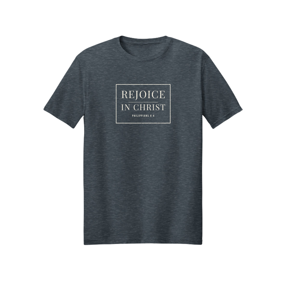 Minimal White Rejoice in Christ shirt in Heather Navy
