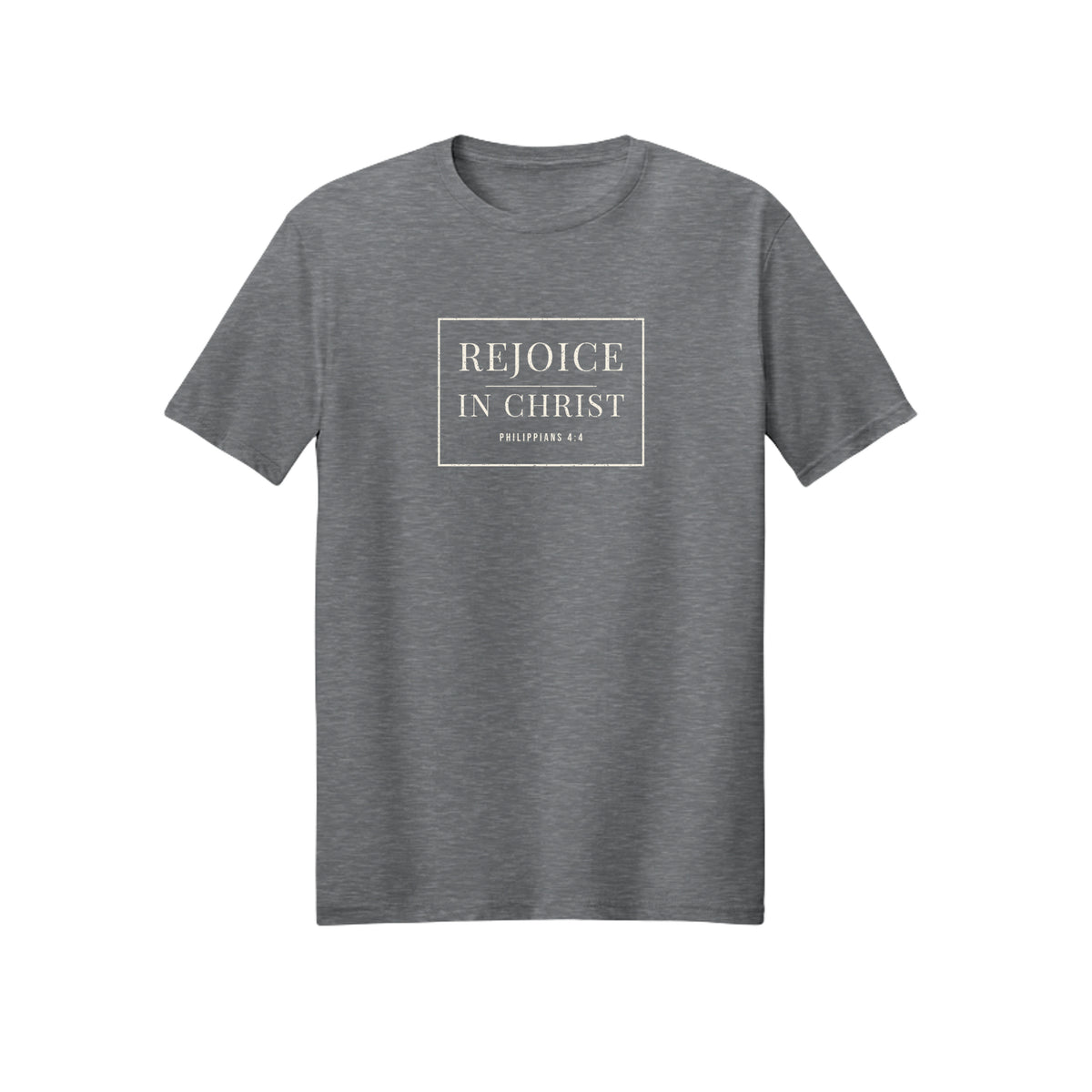 Minimal White Rejoice in Christ shirt in Graphite Heather